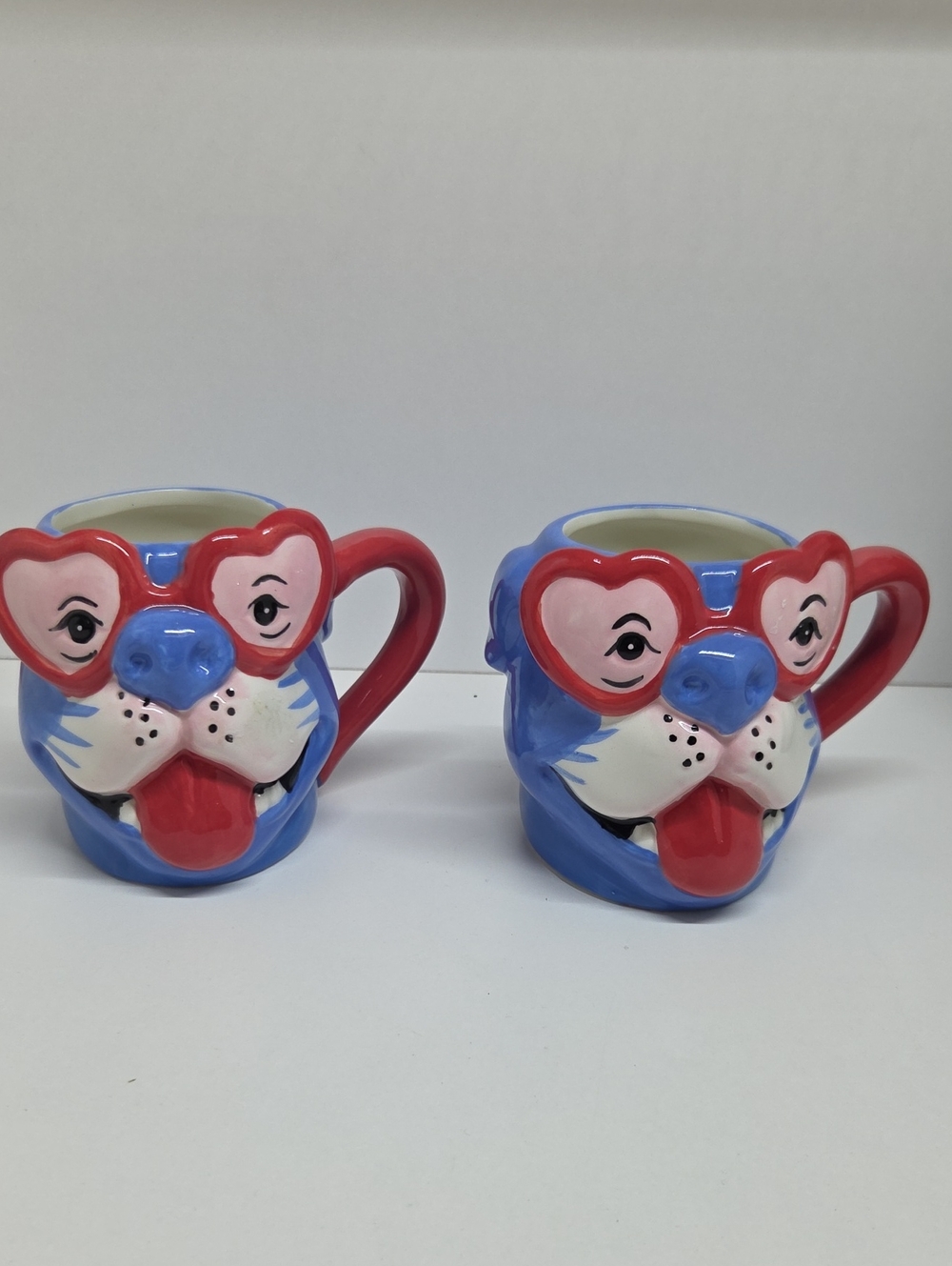 Blue Dog Face Mug with Red Heart Sunglasses - Playful Ceramic Drink Cup